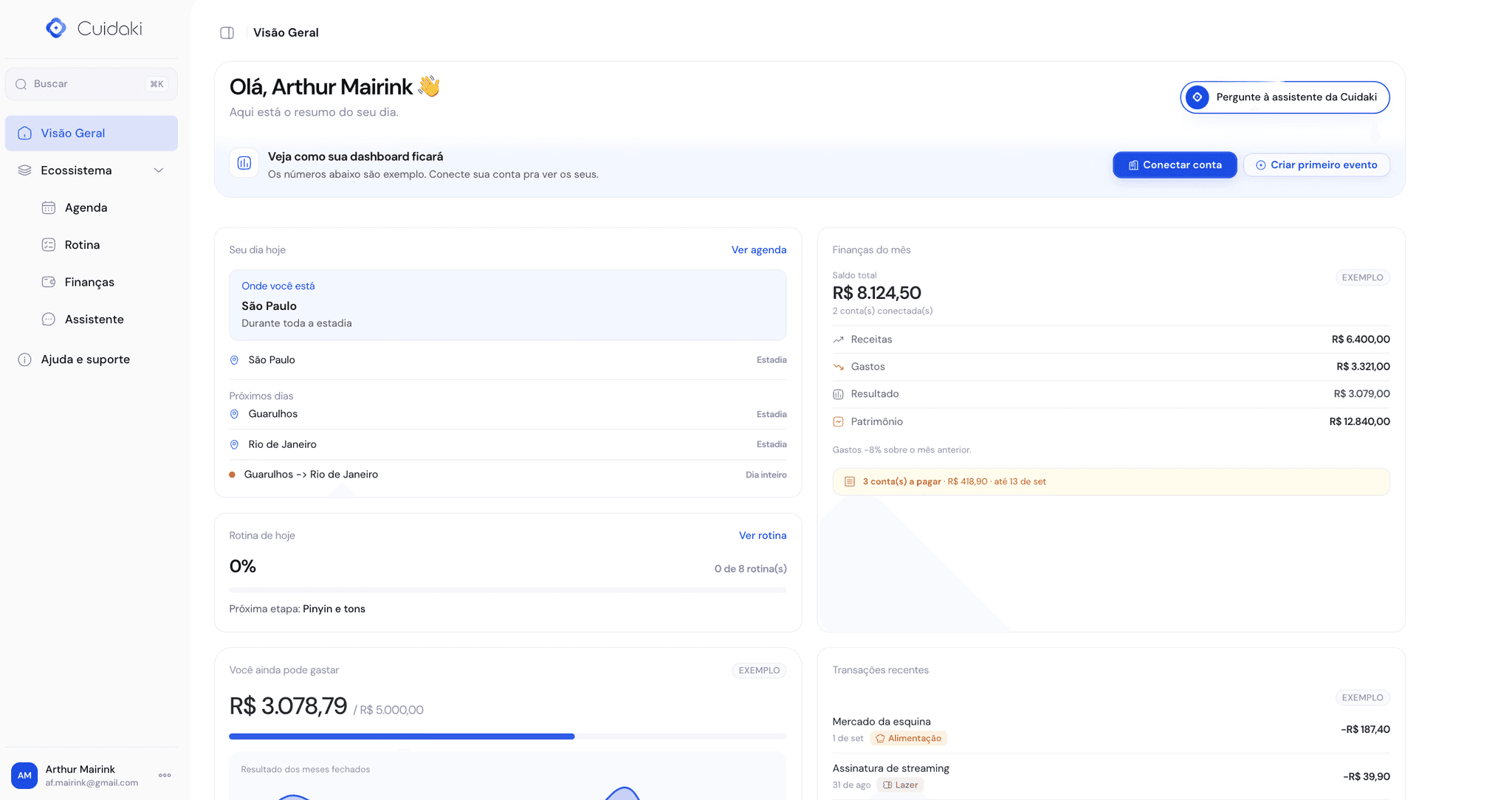 Dashboard desktop da Cuidaki com agenda, rotina e finanças