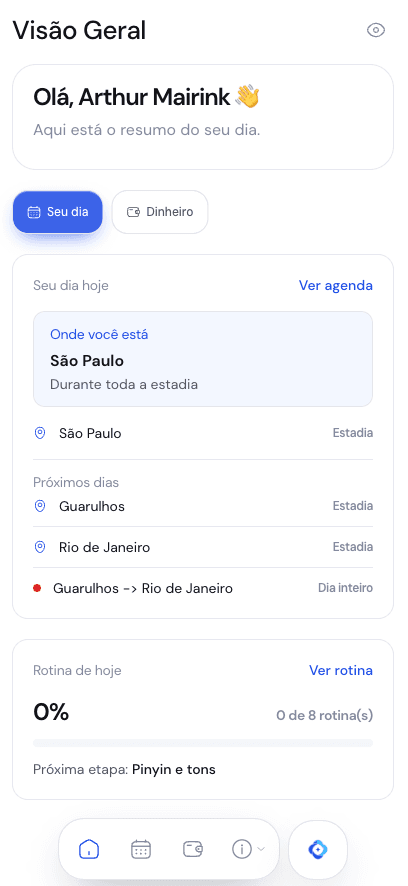 Dashboard mobile da Cuidaki com resumo do dia