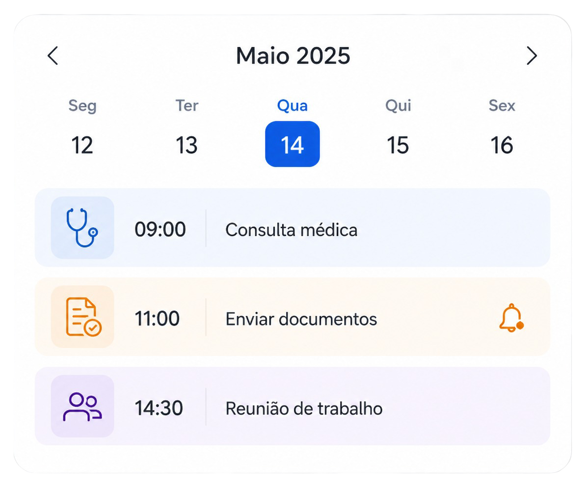 Agenda mensal com consulta médica, envio de documentos e reunião de trabalho.