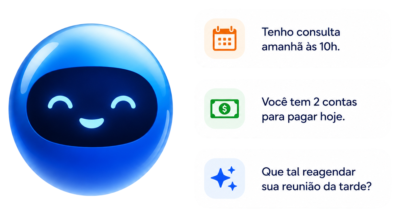 Assistente de IA mostrando lembretes de consulta, contas a pagar e sugestão de reagendamento.
